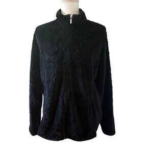 Black Swirl Pattern Full-Zip Fleece Jacket Womans Size L/G Soft Warm Outerwear